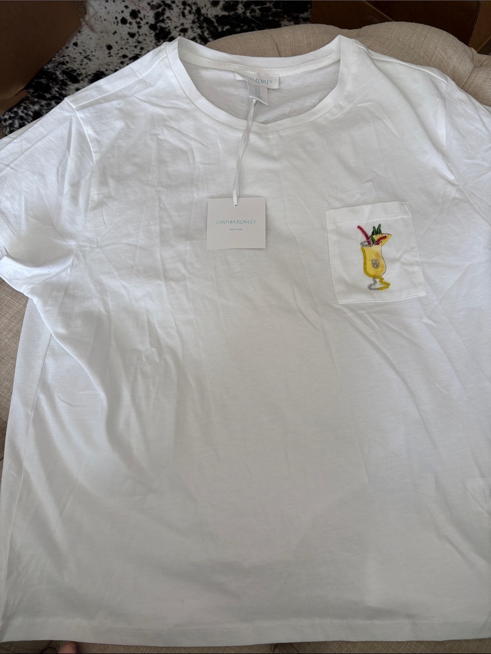 Cynthia Rowley White Short Sleeve Tee with Yellow Cocktail Pocket Embroidery